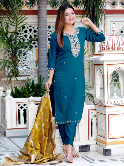 Stylish Teal Straight Kurta with Banarasi Dupatta