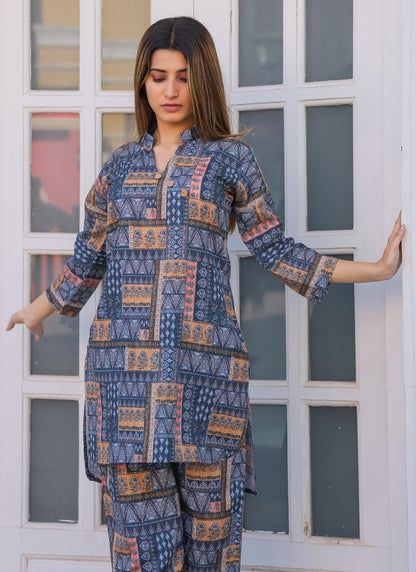 Stylish Blue Ethnic Printed Co-ord Set