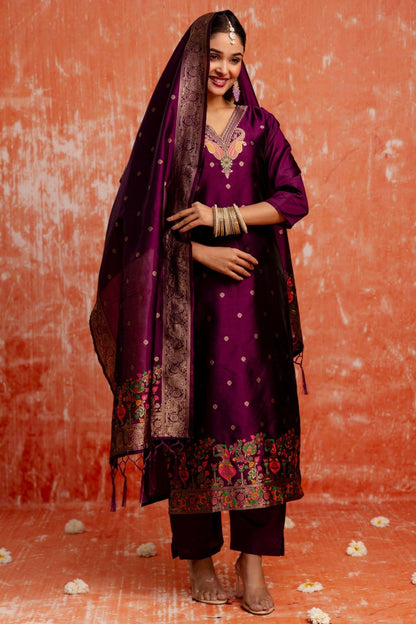 Wine Banarasi Silk Jacquard Kurta Set with Dupatta