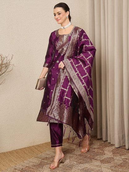 Wine Silk Jacquard Kurta Set with Dupatta