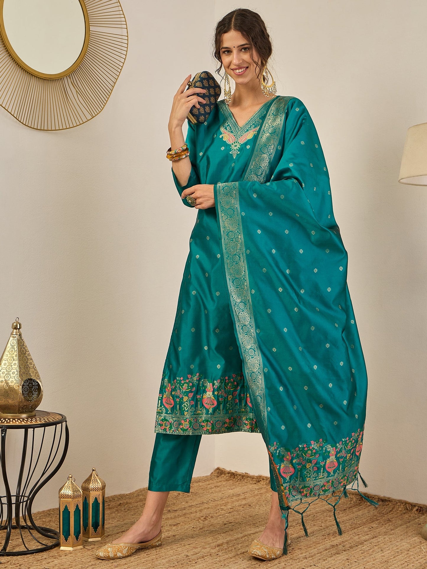 Women’s Party Wear Teal Blue Straight Kurta Set with Ethnic Dupatta