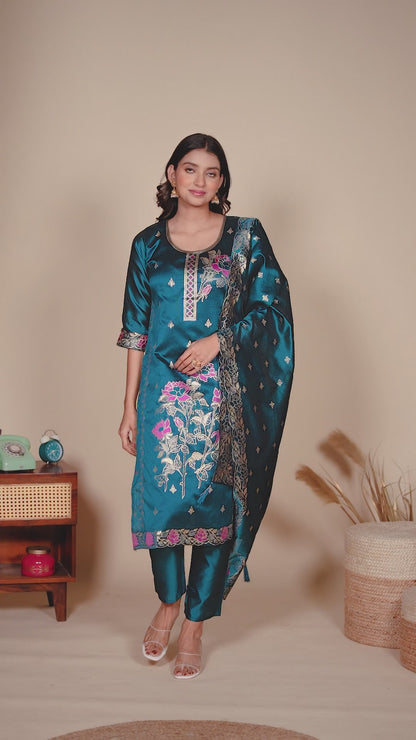Floral Rama Jacquard Kurta Set for Women with Pant & Dupatta | Party Wear Ethnic Suit