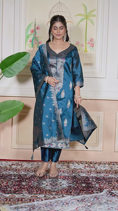 Designer Navy Women's Ethnic Suit Set | Jacquard Kurta Pant with Woven Dupatta