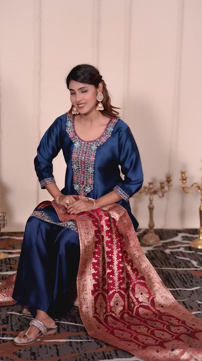 Women's Navy Blue Silk Blend Embroidered Kurta Sharara & Jacquard Dupatta Set | Designer Ethnic Suit Set | Festive, Wedding & Party Wear | 3-Piece Set