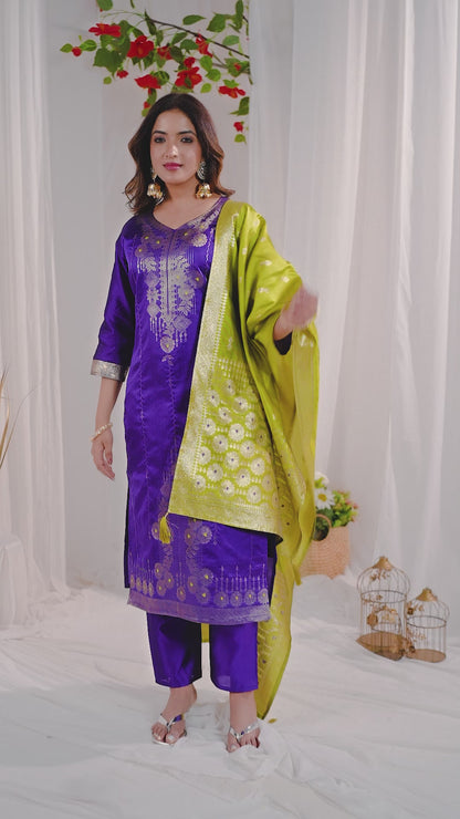 Elegant Purple Silk Kurta Set with Zari Jacquard & Yellow Dupatta | Festive Wear for Women