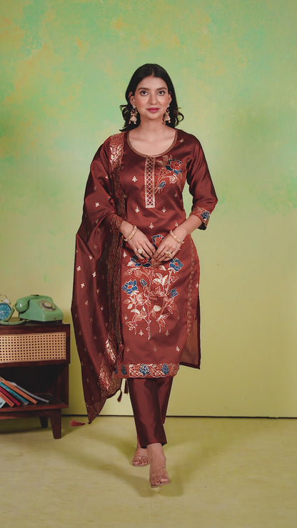 Floral Rust Jacquard Kurta Set for Women with Pant & Dupatta | Party Wear Ethnic Suit