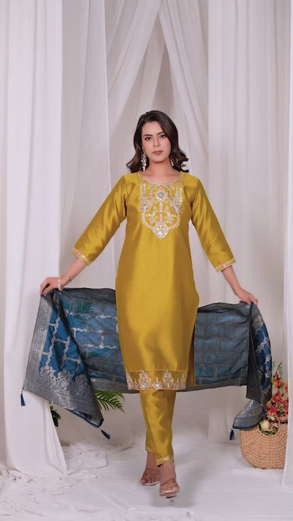 Elegant Mustard Yellow Rayon Kurta Set with Blue Banarasi Silk Dupatta – 3-Piece Festive Wear