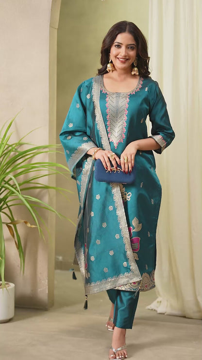 Traditional Women's Rama Straight Kurta Set | Ethnic Suit with Pant & Dupatta