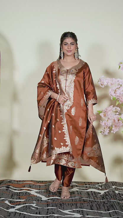 Elegant Brown Embroidered Kurta Set with Dupatta | Wedding & Festive Wear for Women