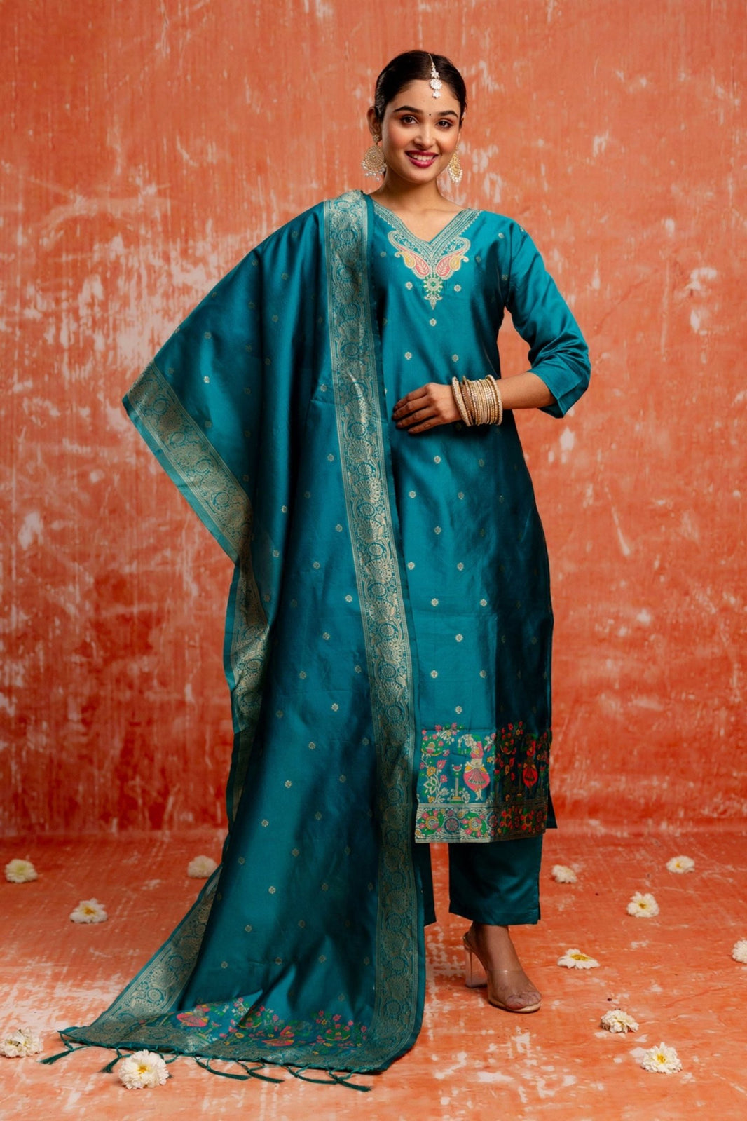 Stylish Teal Blue Ethnic Kurta Pant Set with Designer Dupatta for Women